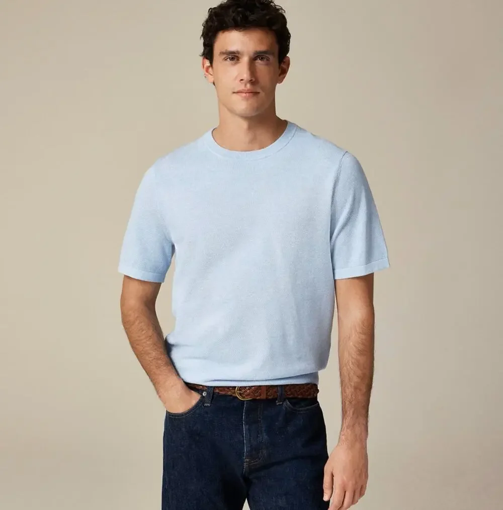 J.Crew Knit Short-Sleeve Cotton Piqué-Stitch Sweater Men XL Heather Sky Pullover